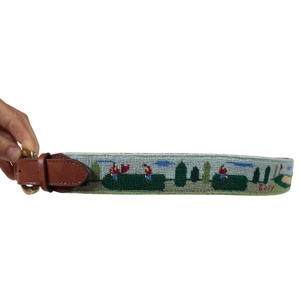 Vintage Needlepoint Golf Belt Leather Brass Buckle Blue Green Gary 29-30 Sz S
